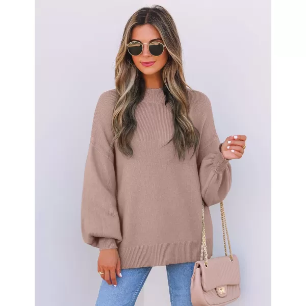 ZESICA Womens 2024 Casual Turtleneck Long Lantern Sleeve Oversized Ribbed Knit Pullover Sweater Jumper TopAlmond
