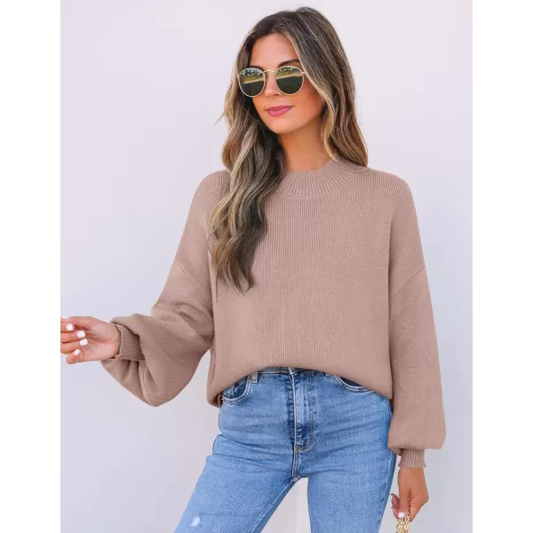 ZESICA Womens 2024 Casual Turtleneck Long Lantern Sleeve Oversized Ribbed Knit Pullover Sweater Jumper TopAlmond