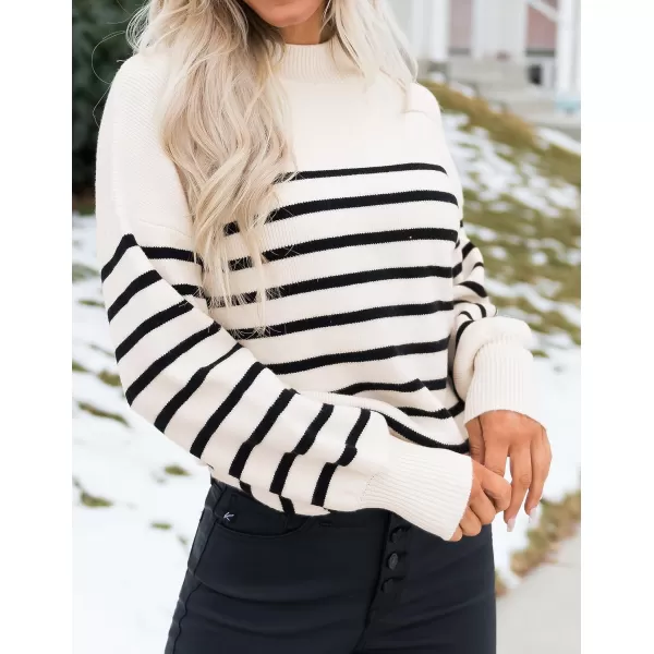 ZESICA Womens 2024 Casual Turtleneck Long Lantern Sleeve Oversized Ribbed Knit Pullover Sweater Jumper TopApricotstripe