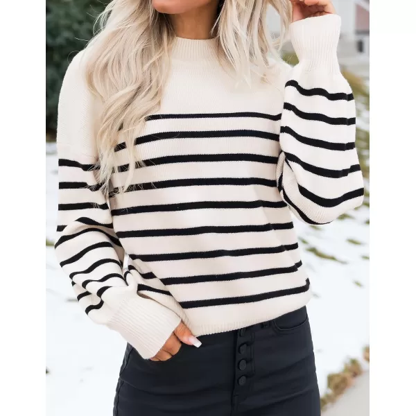 ZESICA Womens 2024 Casual Turtleneck Long Lantern Sleeve Oversized Ribbed Knit Pullover Sweater Jumper TopApricotstripe