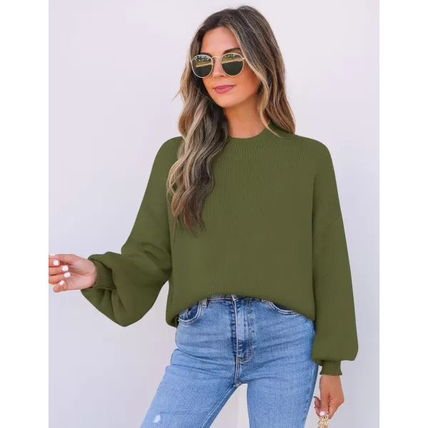 ZESICA Womens 2024 Casual Turtleneck Long Lantern Sleeve Oversized Ribbed Knit Pullover Sweater Jumper TopArmygreen