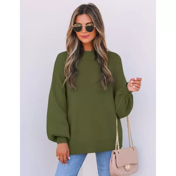 ZESICA Womens 2024 Casual Turtleneck Long Lantern Sleeve Oversized Ribbed Knit Pullover Sweater Jumper TopArmygreen