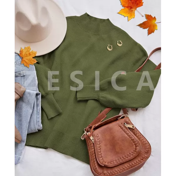 ZESICA Womens 2024 Casual Turtleneck Long Lantern Sleeve Oversized Ribbed Knit Pullover Sweater Jumper TopArmygreen