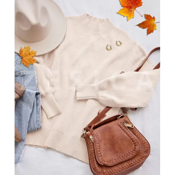 ZESICA Womens 2024 Casual Turtleneck Long Lantern Sleeve Oversized Ribbed Knit Pullover Sweater Jumper TopBeige