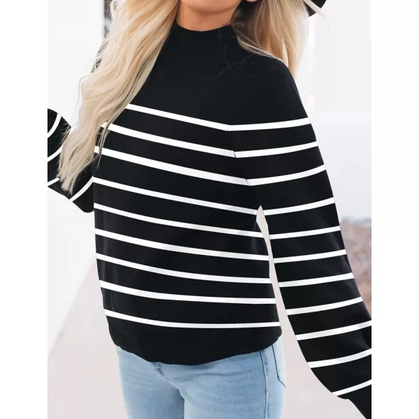 ZESICA Womens 2024 Casual Turtleneck Long Lantern Sleeve Oversized Ribbed Knit Pullover Sweater Jumper TopBlackstripe