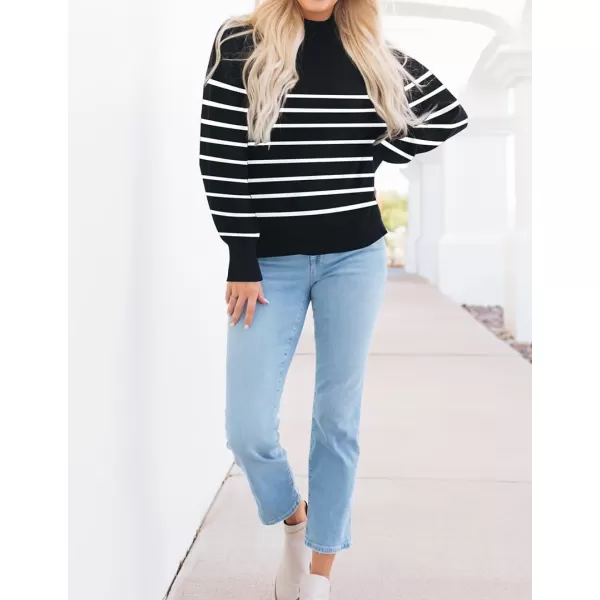 ZESICA Womens 2024 Casual Turtleneck Long Lantern Sleeve Oversized Ribbed Knit Pullover Sweater Jumper TopBlackstripe