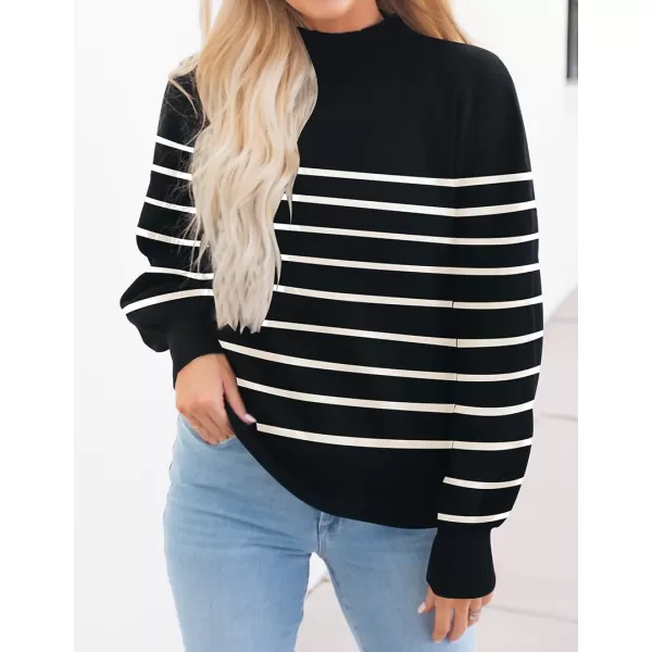 ZESICA Womens 2024 Casual Turtleneck Long Lantern Sleeve Oversized Ribbed Knit Pullover Sweater Jumper TopBlackstripe