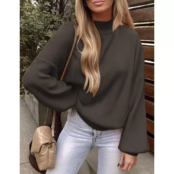 ZESICA Womens 2024 Casual Turtleneck Long Lantern Sleeve Oversized Ribbed Knit Pullover Sweater Jumper TopCoffee