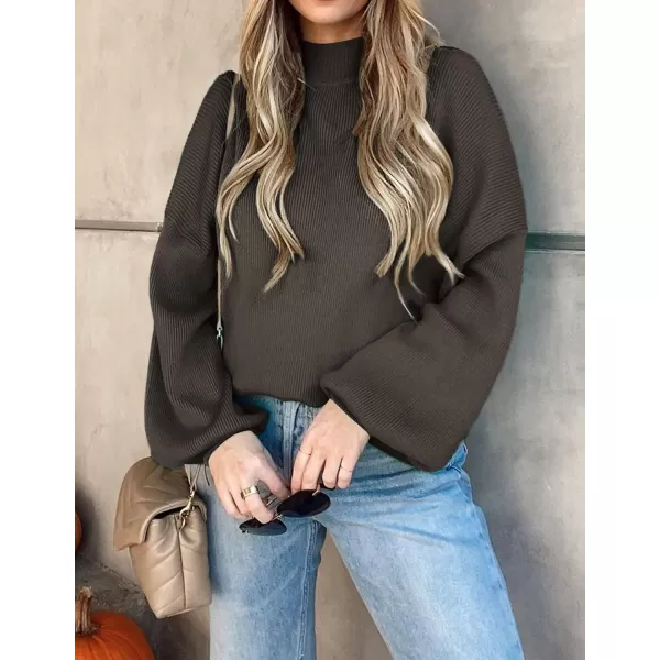 ZESICA Womens 2024 Casual Turtleneck Long Lantern Sleeve Oversized Ribbed Knit Pullover Sweater Jumper TopCoffee