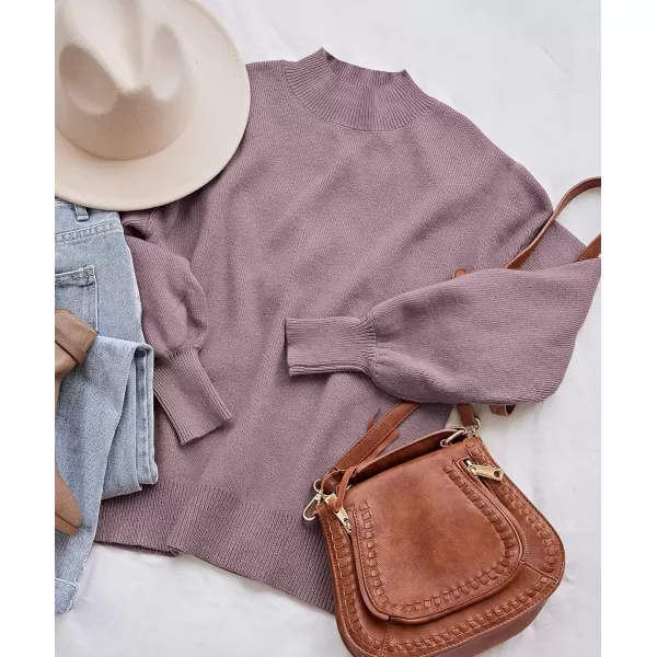 ZESICA Womens 2024 Casual Turtleneck Long Lantern Sleeve Oversized Ribbed Knit Pullover Sweater Jumper TopDarkviolet