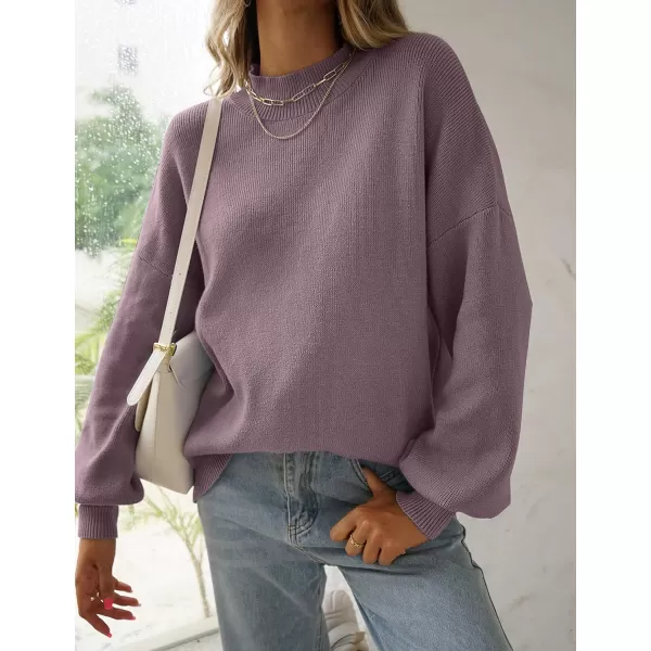 ZESICA Womens 2024 Casual Turtleneck Long Lantern Sleeve Oversized Ribbed Knit Pullover Sweater Jumper TopDarkviolet