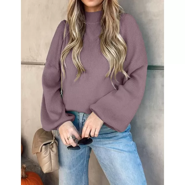 ZESICA Womens 2024 Casual Turtleneck Long Lantern Sleeve Oversized Ribbed Knit Pullover Sweater Jumper TopDarkviolet