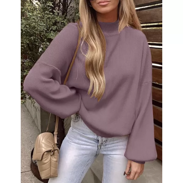 ZESICA Womens 2024 Casual Turtleneck Long Lantern Sleeve Oversized Ribbed Knit Pullover Sweater Jumper TopDarkviolet