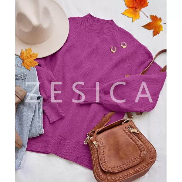 ZESICA Womens 2024 Casual Turtleneck Long Lantern Sleeve Oversized Ribbed Knit Pullover Sweater Jumper TopEggplant