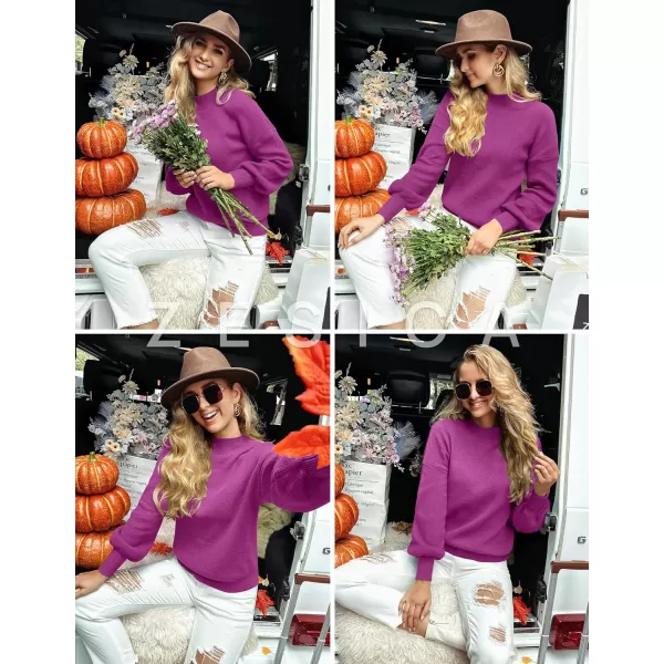 ZESICA Womens 2024 Casual Turtleneck Long Lantern Sleeve Oversized Ribbed Knit Pullover Sweater Jumper TopEggplant