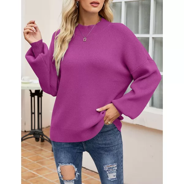 ZESICA Womens 2024 Casual Turtleneck Long Lantern Sleeve Oversized Ribbed Knit Pullover Sweater Jumper TopEggplant