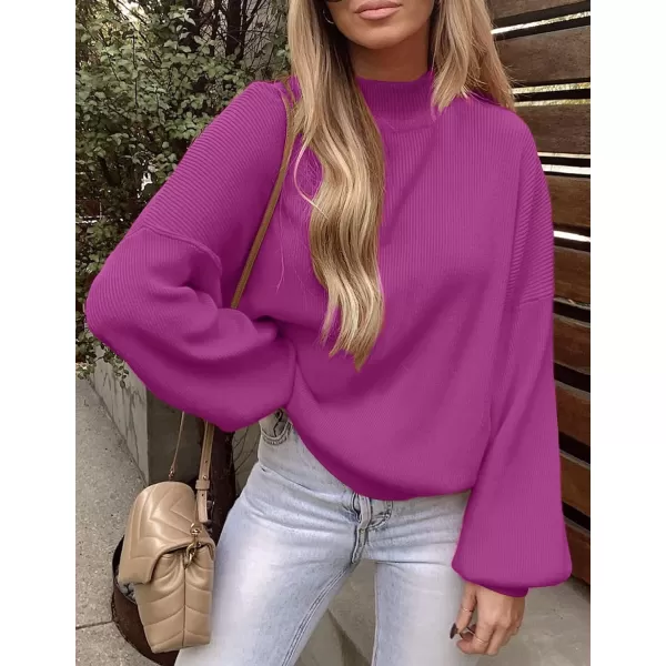 ZESICA Womens 2024 Casual Turtleneck Long Lantern Sleeve Oversized Ribbed Knit Pullover Sweater Jumper TopEggplant