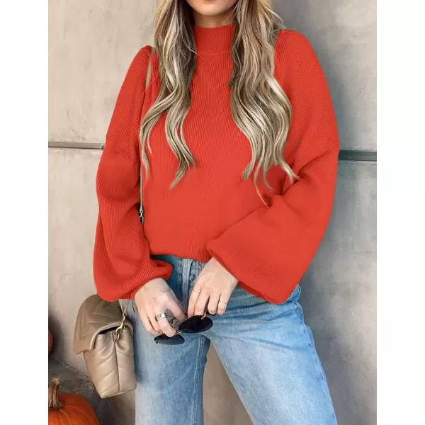 ZESICA Womens 2024 Casual Turtleneck Long Lantern Sleeve Oversized Ribbed Knit Pullover Sweater Jumper TopFirered