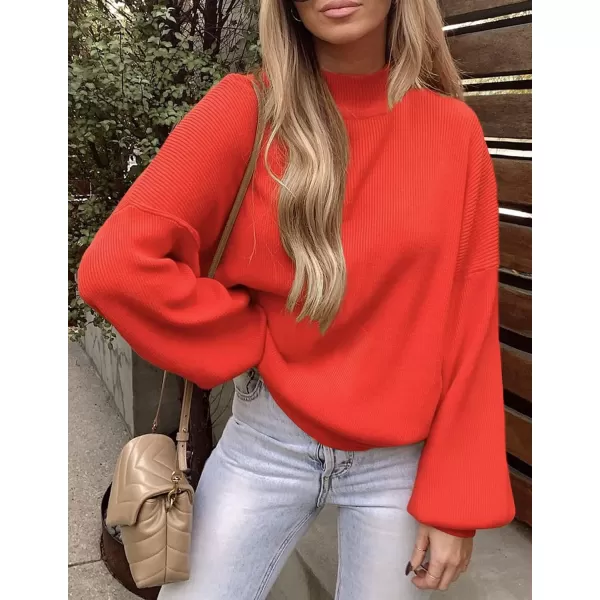 ZESICA Womens 2024 Casual Turtleneck Long Lantern Sleeve Oversized Ribbed Knit Pullover Sweater Jumper TopFirered