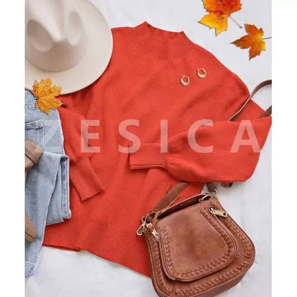 ZESICA Womens 2024 Casual Turtleneck Long Lantern Sleeve Oversized Ribbed Knit Pullover Sweater Jumper TopFirered