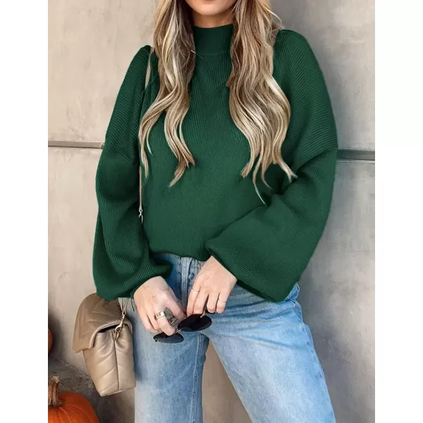 ZESICA Womens 2024 Casual Turtleneck Long Lantern Sleeve Oversized Ribbed Knit Pullover Sweater Jumper TopForestgreen