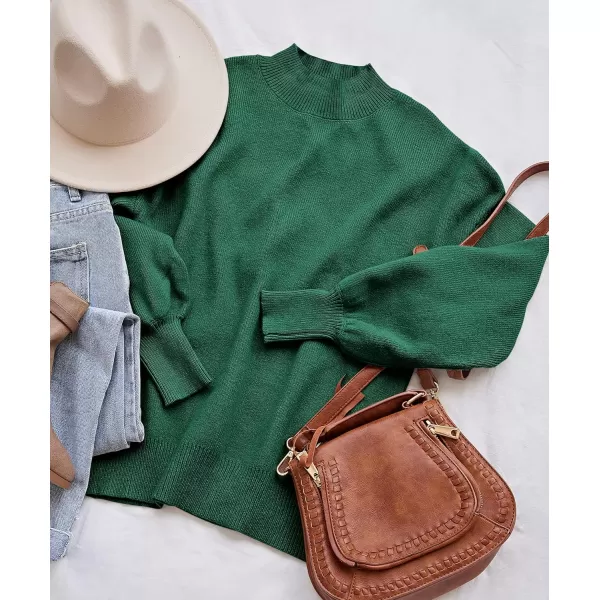 ZESICA Womens 2024 Casual Turtleneck Long Lantern Sleeve Oversized Ribbed Knit Pullover Sweater Jumper TopForestgreen