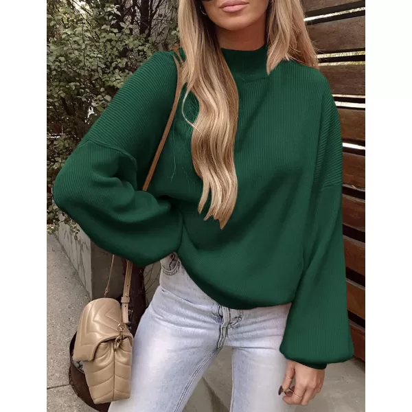 ZESICA Womens 2024 Casual Turtleneck Long Lantern Sleeve Oversized Ribbed Knit Pullover Sweater Jumper TopForestgreen
