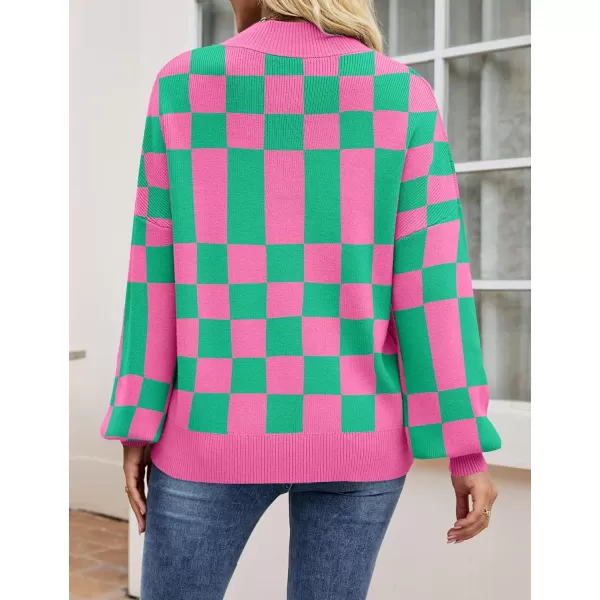 ZESICA Womens 2024 Casual Turtleneck Long Lantern Sleeve Oversized Ribbed Knit Pullover Sweater Jumper TopGreenplaid