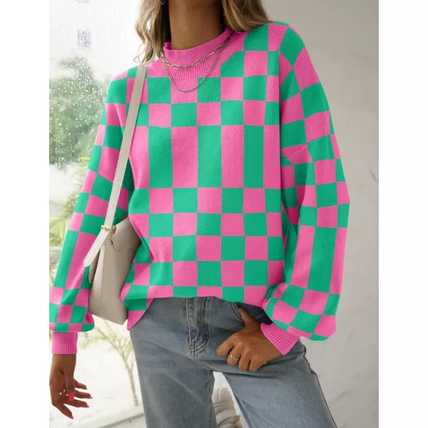 ZESICA Womens 2024 Casual Turtleneck Long Lantern Sleeve Oversized Ribbed Knit Pullover Sweater Jumper TopGreenplaid