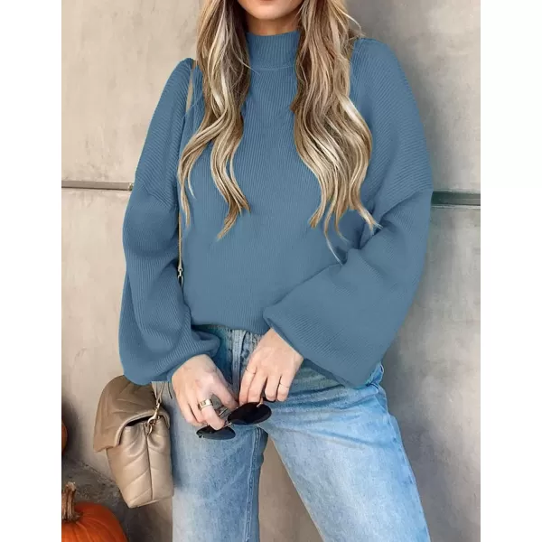 ZESICA Womens 2024 Casual Turtleneck Long Lantern Sleeve Oversized Ribbed Knit Pullover Sweater Jumper TopGreyblue