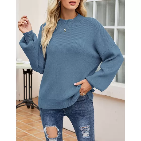 ZESICA Womens 2024 Casual Turtleneck Long Lantern Sleeve Oversized Ribbed Knit Pullover Sweater Jumper TopGreyblue