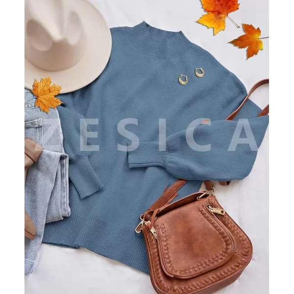 ZESICA Womens 2024 Casual Turtleneck Long Lantern Sleeve Oversized Ribbed Knit Pullover Sweater Jumper TopGreyblue