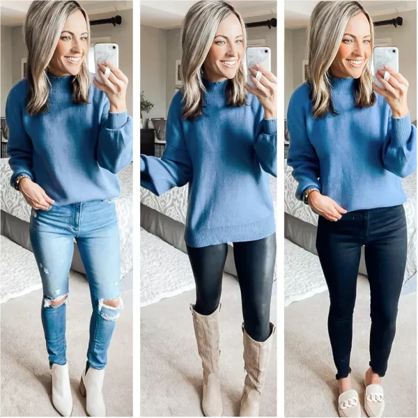 ZESICA Womens 2024 Casual Turtleneck Long Lantern Sleeve Oversized Ribbed Knit Pullover Sweater Jumper TopGreyblue