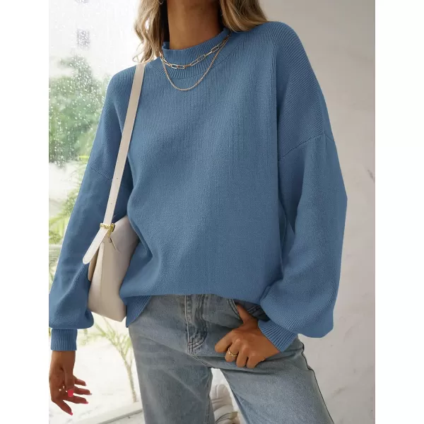 ZESICA Womens 2024 Casual Turtleneck Long Lantern Sleeve Oversized Ribbed Knit Pullover Sweater Jumper TopGreyblue