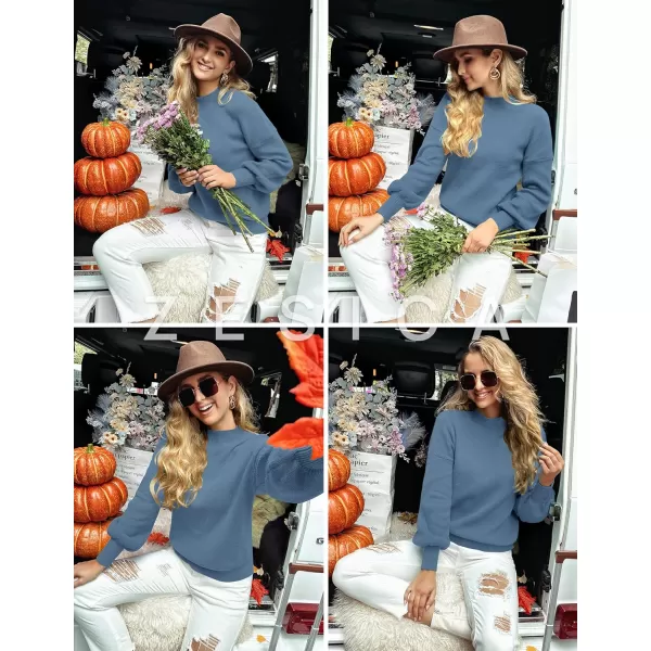 ZESICA Womens 2024 Casual Turtleneck Long Lantern Sleeve Oversized Ribbed Knit Pullover Sweater Jumper TopGreyblue