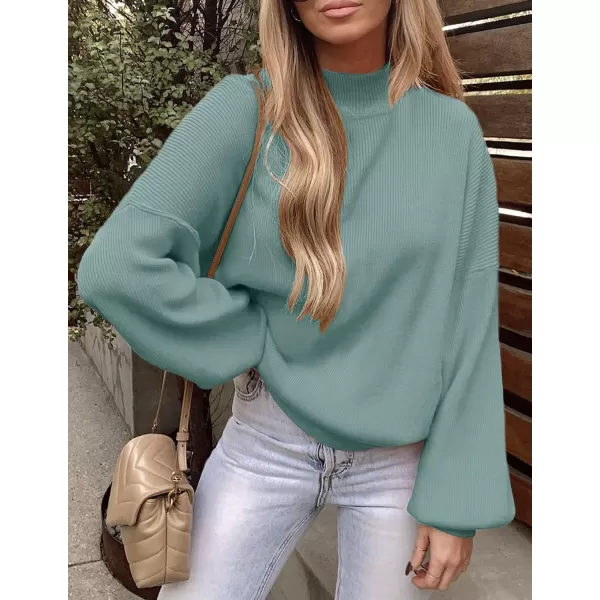 ZESICA Womens 2024 Casual Turtleneck Long Lantern Sleeve Oversized Ribbed Knit Pullover Sweater Jumper TopLake