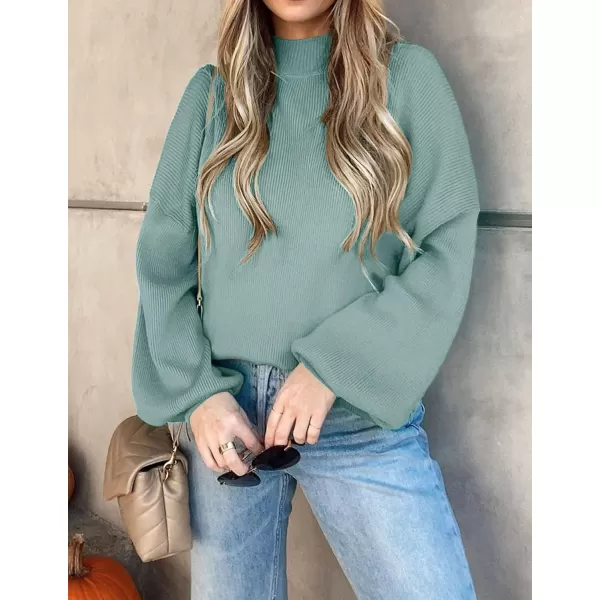 ZESICA Womens 2024 Casual Turtleneck Long Lantern Sleeve Oversized Ribbed Knit Pullover Sweater Jumper TopLake