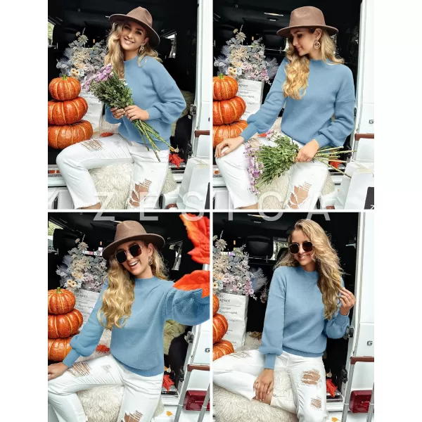 ZESICA Womens 2024 Casual Turtleneck Long Lantern Sleeve Oversized Ribbed Knit Pullover Sweater Jumper TopLightblue