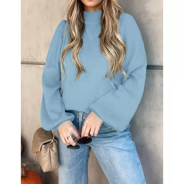ZESICA Womens 2024 Casual Turtleneck Long Lantern Sleeve Oversized Ribbed Knit Pullover Sweater Jumper TopLightblue