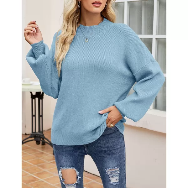 ZESICA Womens 2024 Casual Turtleneck Long Lantern Sleeve Oversized Ribbed Knit Pullover Sweater Jumper TopLightblue