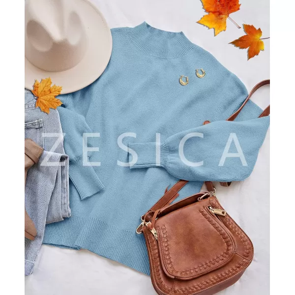 ZESICA Womens 2024 Casual Turtleneck Long Lantern Sleeve Oversized Ribbed Knit Pullover Sweater Jumper TopLightblue