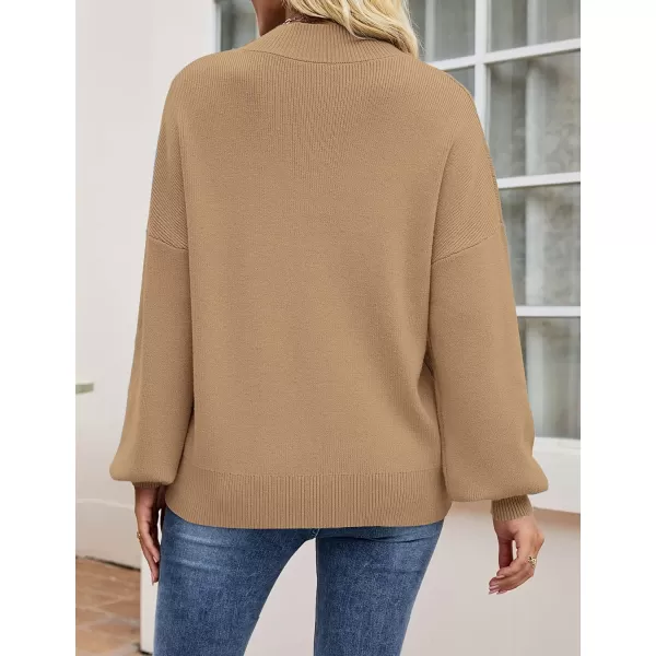 ZESICA Womens 2024 Casual Turtleneck Long Lantern Sleeve Oversized Ribbed Knit Pullover Sweater Jumper TopLightkhaki