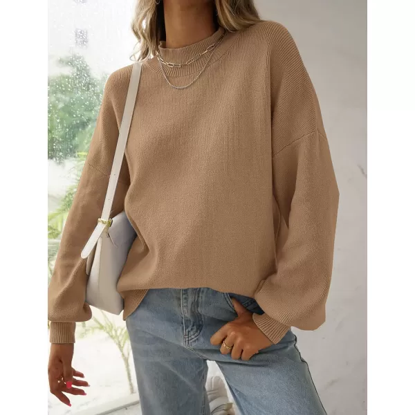 ZESICA Womens 2024 Casual Turtleneck Long Lantern Sleeve Oversized Ribbed Knit Pullover Sweater Jumper TopLightkhaki