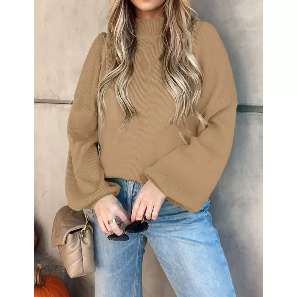 ZESICA Womens 2024 Casual Turtleneck Long Lantern Sleeve Oversized Ribbed Knit Pullover Sweater Jumper TopLightkhaki