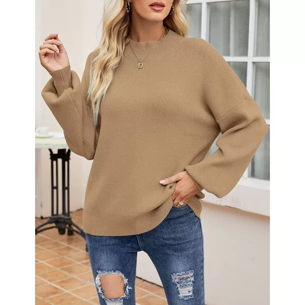 ZESICA Womens 2024 Casual Turtleneck Long Lantern Sleeve Oversized Ribbed Knit Pullover Sweater Jumper TopLightkhaki