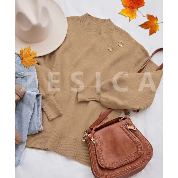 ZESICA Womens 2024 Casual Turtleneck Long Lantern Sleeve Oversized Ribbed Knit Pullover Sweater Jumper TopLightkhaki