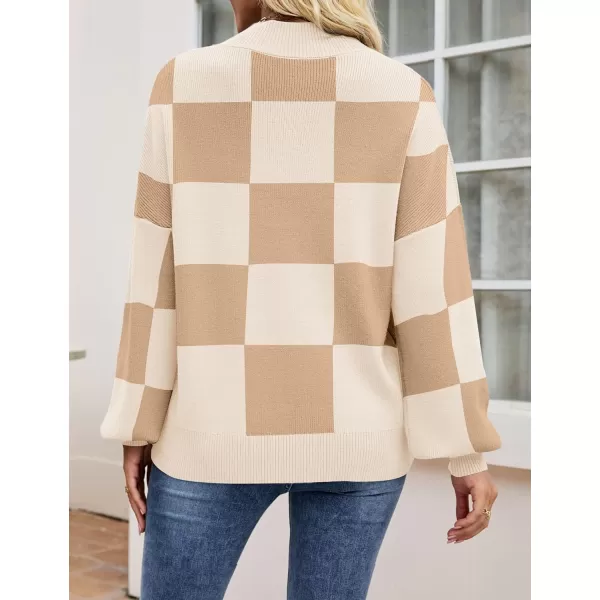 ZESICA Womens 2024 Casual Turtleneck Long Lantern Sleeve Oversized Ribbed Knit Pullover Sweater Jumper TopLightkhakiplaid