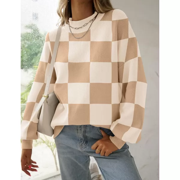 ZESICA Womens 2024 Casual Turtleneck Long Lantern Sleeve Oversized Ribbed Knit Pullover Sweater Jumper TopLightkhakiplaid
