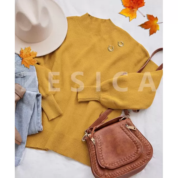 ZESICA Womens 2024 Casual Turtleneck Long Lantern Sleeve Oversized Ribbed Knit Pullover Sweater Jumper TopMustard