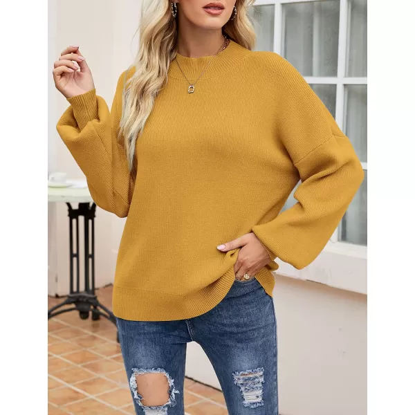 ZESICA Womens 2024 Casual Turtleneck Long Lantern Sleeve Oversized Ribbed Knit Pullover Sweater Jumper TopMustard